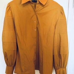 Pleated Balloon Sleeve Button Down Blouse in Yellow Gold by NY&C XXL (18/20 2X)